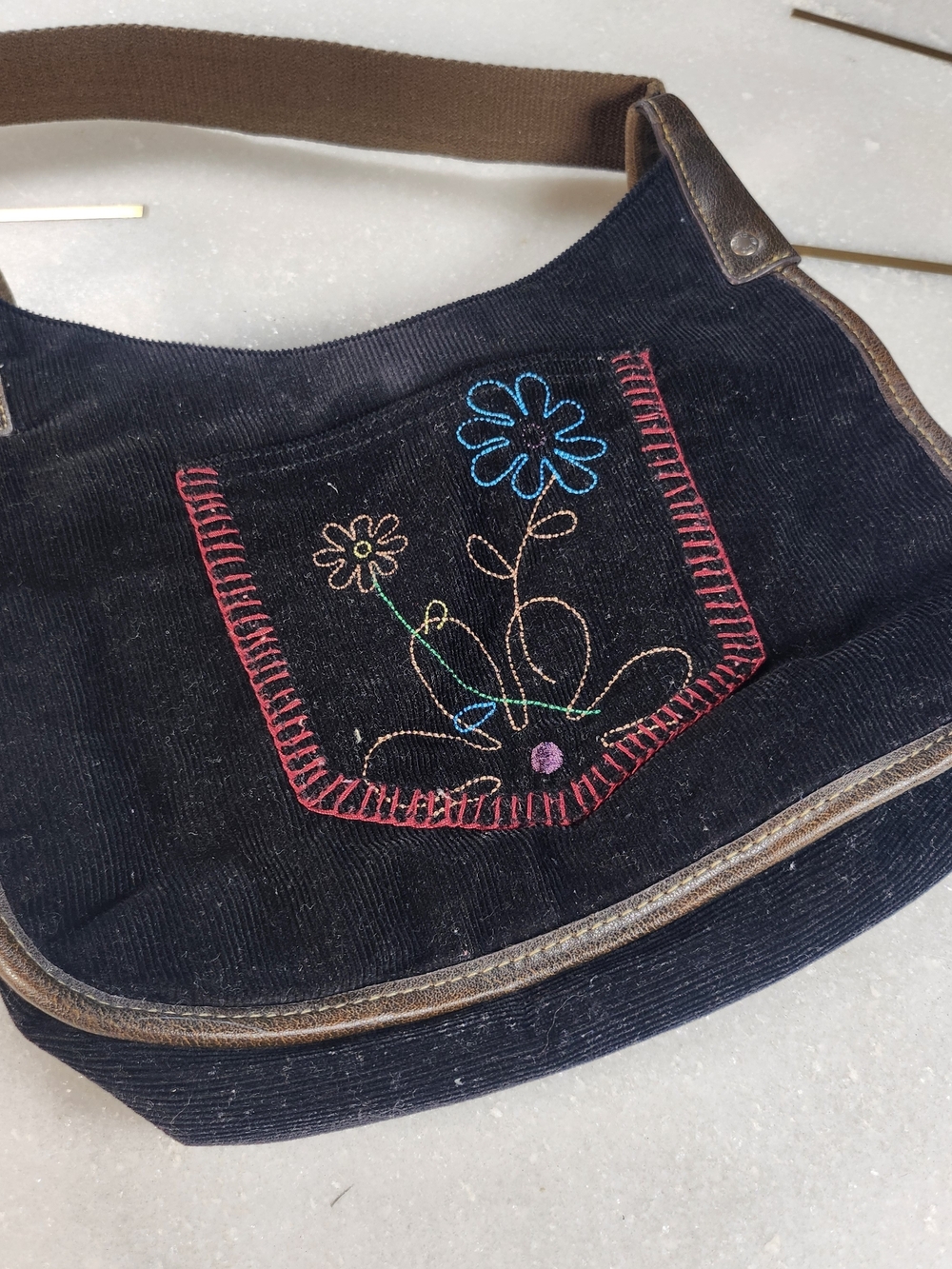 Relic by FOSSIL Y2K Dark Brown Corduroy Flower Embroidery Bag